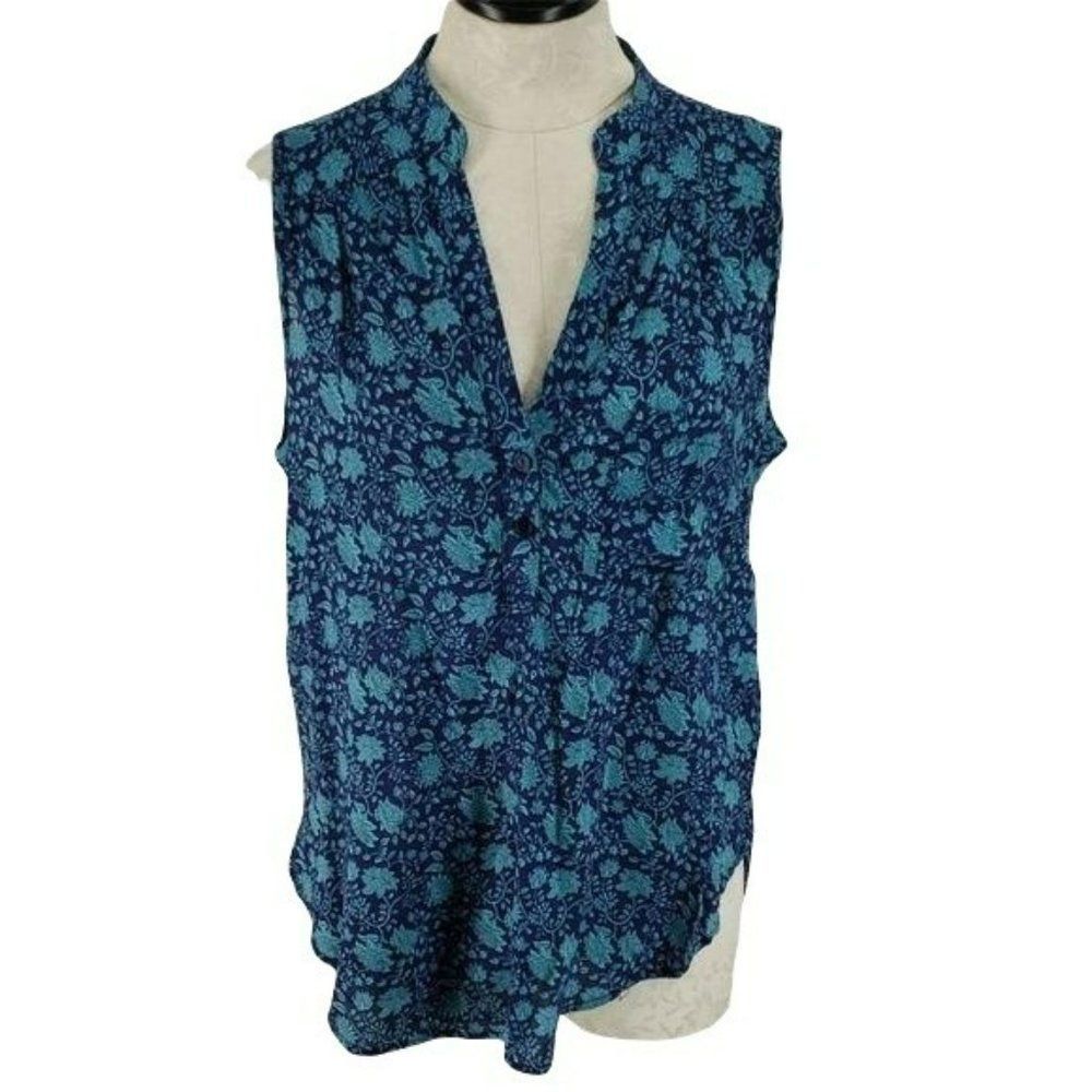 Market & Spruce Blouse Floral sleeveless Blue V-Neck Small